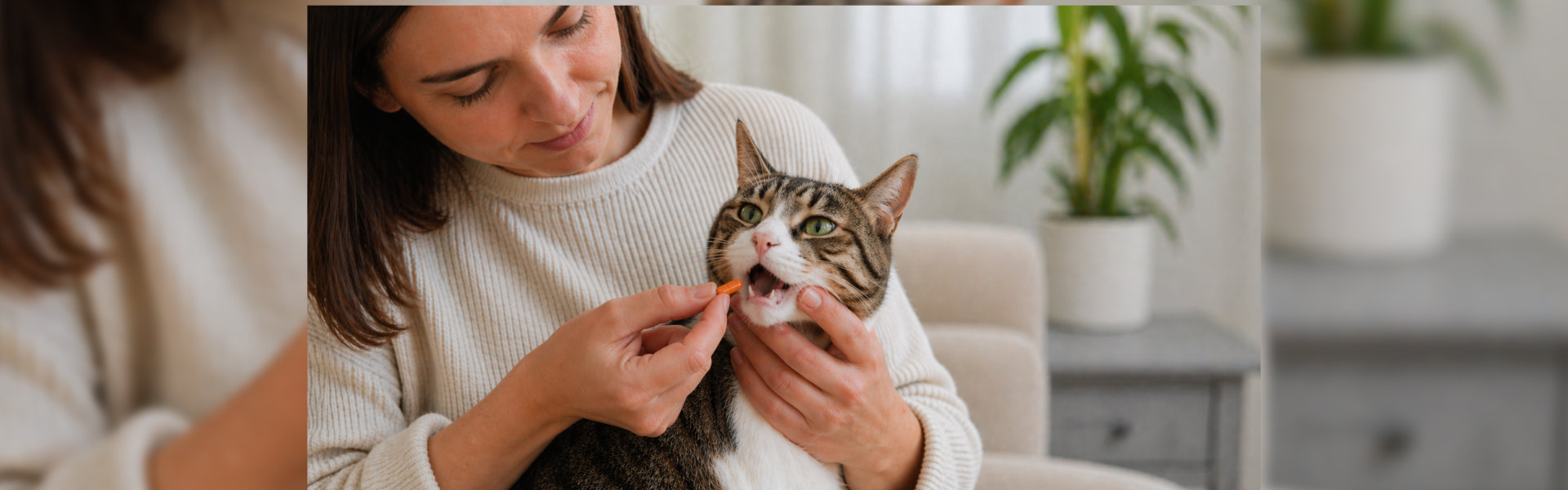 Woman giving a cat a medicine